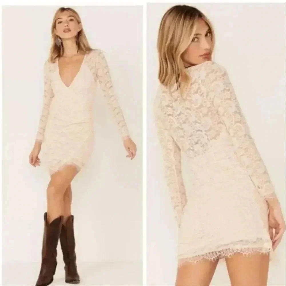 NWT Free People Pearl Lace Long Sleeve Romantic Date Night Mini Dress Women's XS